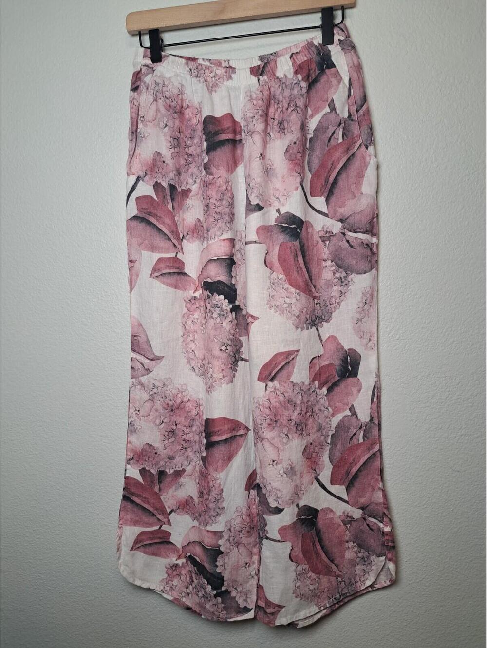 FLAX Designs 100% Linen Pants  Shirttail Floods Milk Hydrangea Small Pockets